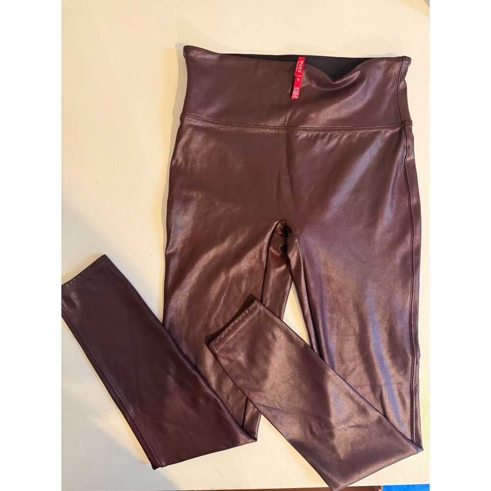 SPANX Faux Leather Leggings Large Burgundy Oxblood High Rise Metallic
